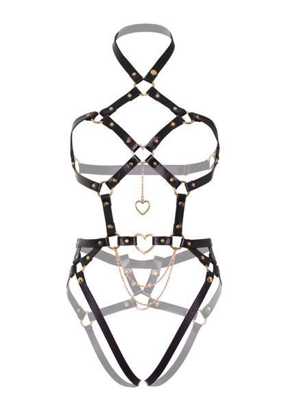 Портупея-тедді з екошкіри Leg Avenue Heart ring harness teddy S Black, підвіска-сердечко, ланцюги SO8563 фото