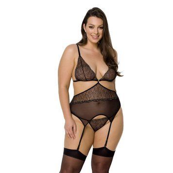 Корсет із пажами Passion Amberly Corset 4XL/5XL black, асиметричний крій, мережива, стрінги SO7051 фото