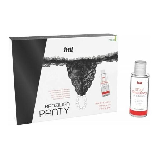 Набір Intt BRAZILIAN PANTY BLACK: трусики на зав&rsquo;язках S-XL з перлинним кільцем + полунична змазка SO7129 фото